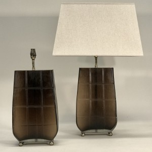 Pair Of Large Brown Square Abstract Lamps On Antique Brass Bases (T5168)