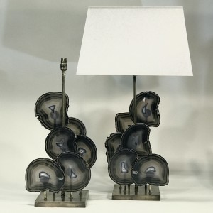 Pair Of Extra Large Dark Grey / Black Agate Disc Lamps On Antique Brass Bases (T5299)
