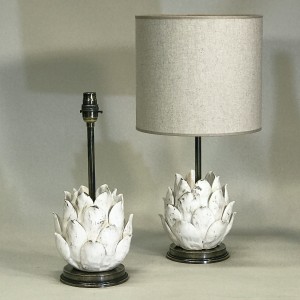 Pair Of Small Cream Ceramic Artichoke Lamps On Antique Brass Bases (T5307)