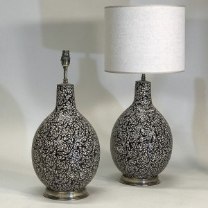 Pair Of Medium Black Ceramic Lamps With Balloon Shape Intricate Glaze Pattern (T5310)