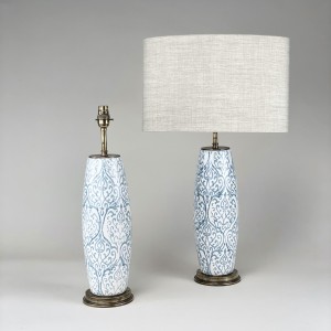 Pair Of Small Blue Patterned Ceramic Lamps With Antique Brass Bases (T5375)