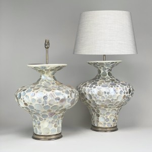 Pair Of Large White Pearl Disk Ceramic Lamps With Antique Brass Bases (T5411)