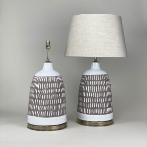 Pair Of Very Large Patterned White Ceramic Lamps On Antique Brass Bases (T5442)
