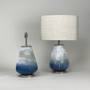 Pair Of Small Blue Painted Glass Lamps On Antique Brass Bases (T5445)
