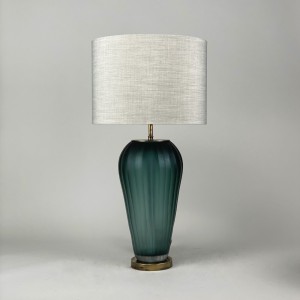 Single Medium Green Grey Cut Glass Lamp On Antique Brass Base (T5471)