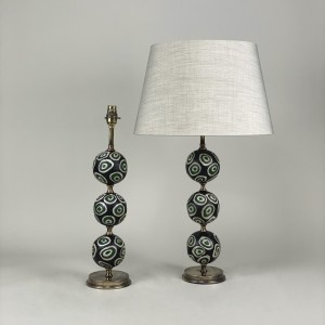 Pair Of Black With Cream/green Rings Majapahit Glass Bead Lamps With Antique Brass Bases (T5477)