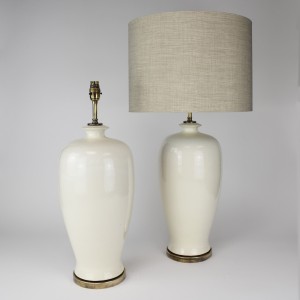 Pair of Cream Ceramic Table Lamps on Antique Brass Bases (T6178)