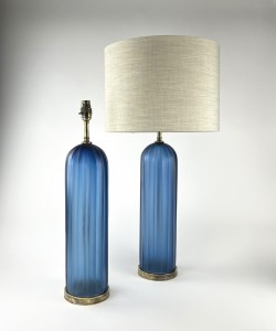 Pair of Cut Blue Dome Glass Lamps on Antique Brass Bases (T6346)