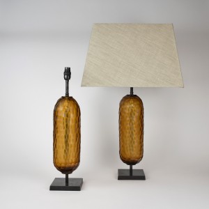 Pair of Medium Amber Cut Pill Glass Lamps on Brown Bronze Bases (T6365)