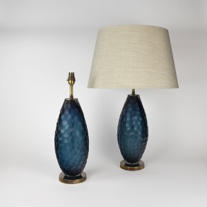 Pair of Large Blue Battuto Glass Lamps on Antique Brass Bases (T6372)
