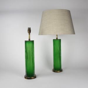 Pair of Medium Green 'Bark' Cut Glass Table Lamps on Antique Brass Bases (T6375)