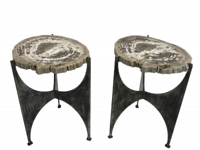 Pair of Distressed Gold Side Tables with Beige Fossilised Wood Tops (T6408)