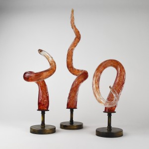 Fire Red Twisted Textured Glass Spikes on Antique Brass Stands (T6411)
