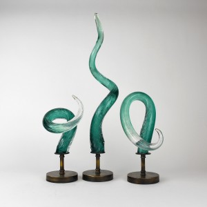 Green Twisted Textured Glass Spikes on Antique Brass Stands (T6414)