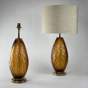 Pair of Large Amber Battuto Glass Lamps on Antique Brass Bases (T6722)