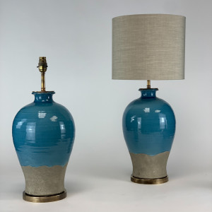 Pair of Blue Crackle Ceramic Lamps On Antique Brass Bases (T6825)