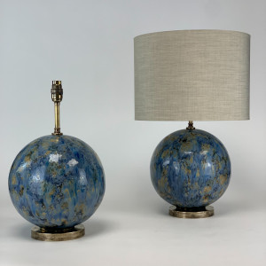 Pair Of Small Blue Drizzle Ceramic 'snowball' Lamps On Antique Brass Bases (T6826)