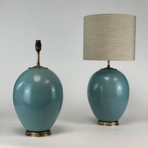 Pair Of Blue Ceramic Lamps On Antique Brass Bases (T6827)