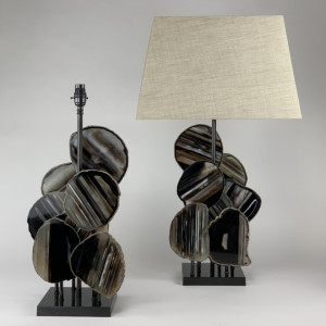 Pair Of Brown Stripe Agate Disc Lamps On Brown Bronze Bases (T6857)