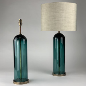 Pair Of Teal Glass Lamps On Antique Brass Bases (T6891)