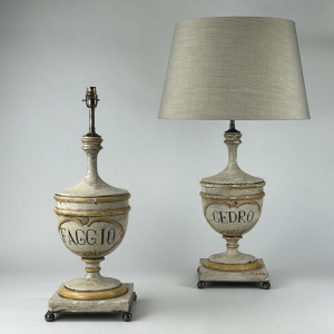Pair Of Cream Of Reproduction Apothecary vases Converted to Lamps With Antique Brass Bases (T6993)