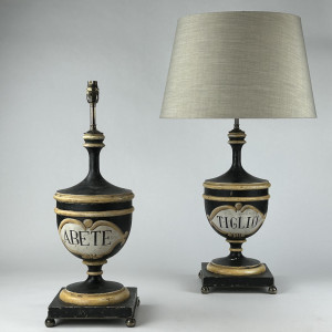 Pair Of Black Of Reproduction Apothecary vases Converted to Lamps With Antique Brass Bases (T6994)