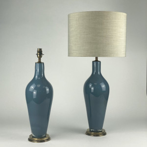 Pair Of Medium Grey/Blue  'standard' Glass Lamps On Antique Brass Bases (T7012)