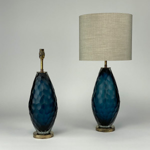 Pair Of Blue Cut Glass Lamps On Antique Brass Bases (T7052)