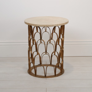 'Fish Scale' Wrought Iron Side Table In Distressed Gold Leaf Finish With Marble Top (T7078)