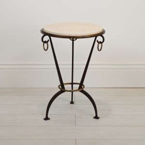 Wrought Iron 'Ring' Side Table With Brown Bronze Paint Finish, Distressed Gold Highlights And Marble Top (T7082)