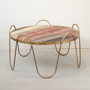 Wrought Iron 'Drum' Coffee Table In Distressed Gold Leaf Finish With Marble Top (T7109)