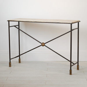 Medium Wrought Iron ‘Cross’ Console With Brown Bronze Finish And Distressed Gilt Highlights With Marble Top (T7130)