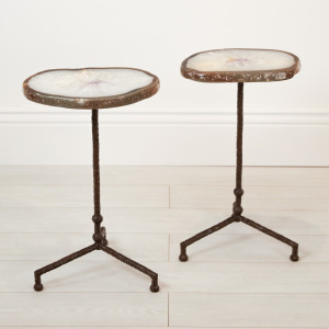 Pair of Small Wrought Iron 'Martini' Side Tables In Brown Painted Finish With Agate Slice Top (T7143)