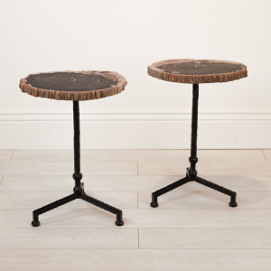 Pair of Large Wrought Iron 'Martini' Side Tables In Black Painted Finish With Petrified Wood Slice Top (T7149)