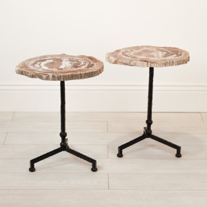 Pair of Large Wrought Iron 'Martini' Side Tables In Black Painted Finish With Petrified Wood Slice Top (T7150)
