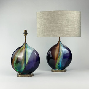 Pair Of Small Multicoloured Rainbow Apple Lamps On Antique Brass Bases (T7236)