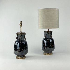 Pair Of Small Black Ceramic Lamps On Antique Brass Bases (T7258)