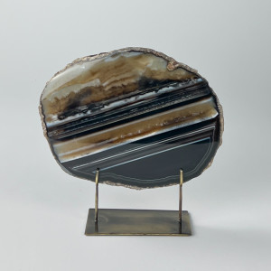 Large Black Agate On Antique Brass Bases (T7436)