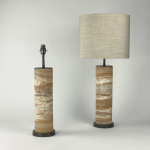 Pair Of Small Brown Onyx Cylinder Lamps On Brown Bronze Bases (T7514)