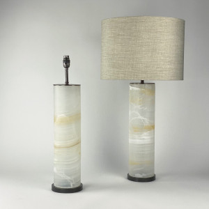 Pair Of Large White Onyx Cylinder Lamps On Brown Bronze Bases (T7518)