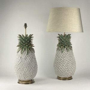 Pair Of Large White Ceramic Pineapple Lamps With Green Leaf Tops On Antique Brass Bases (T7522)