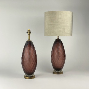 Pair Of Medium Dusty Pink Battuto Cut Glass Lamps On Antique Brass Bases (T7529)