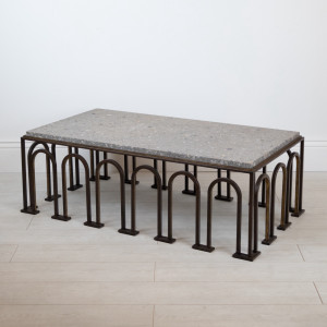 Wrought Iron 'Arch' Coffee Table In Painted Brown Bronze Finish With Distressed Gold Highlights And Marble Top (T7542)