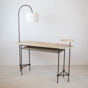 Textured Wrought Iron 'Alby' Desk In Brown Bronze Painted Finish With Leather Top, Swivelling Lamp And Stand (T7547)