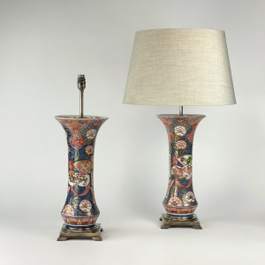 Pair Of Medium Antique Blue Ceramic Imari Vase Lamps On Antique Brass Bases (T7583)