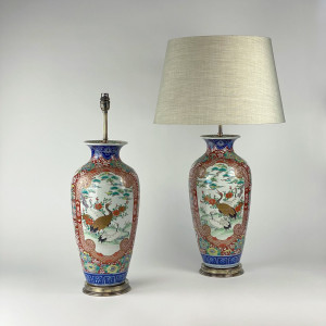 Pair Of Large Antique Red Ceramic Imari Lamps On Antique Brass Bases (T7585)