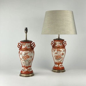 Pair Of Small Antique C1860 Kutani Ceramic Vase Lamps On Antique Brass Bases (T7587)