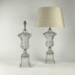 Pair Of Large Clear Thick Cast Glass Classical Urn Lamps (T7596)