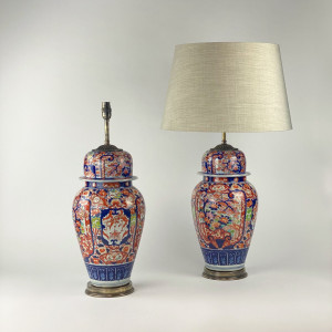Pair Of Large Red Antique Imari Lamps On Antique Brass Bases (T7607)