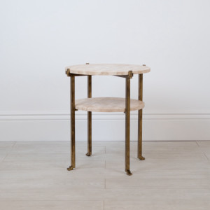 Wrought Iron 'Two Tier Katie' Side Table In Distressed Gold Finish With Marble Tops (T7638)